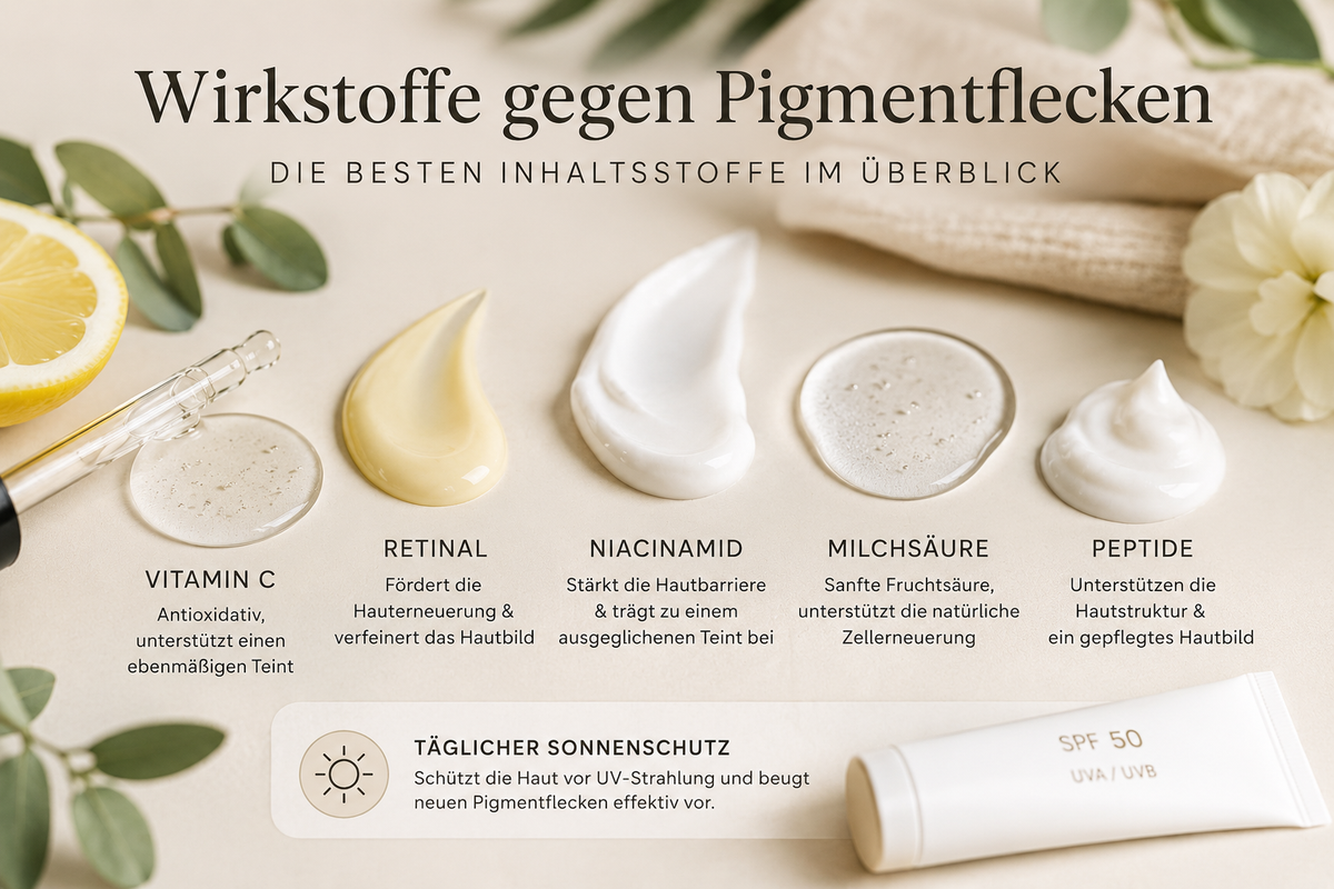 Übersicht wichtiger Wirkstoffe wie Vitamin C, Retinal, Niacinamid, Milchsäure und Peptide zur Unterstützung eines ebenmäßigen Hautbildes bei Pigmentflecken.