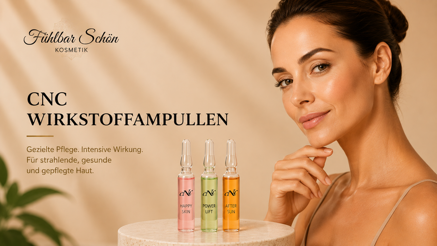 CNC Wirkstoffampullen mit Happy Skin, Power Lift und After Sun für intensive Hautpflege, Feuchtigkeit und Regeneration bei Fühlbar Schön Kosmetik
