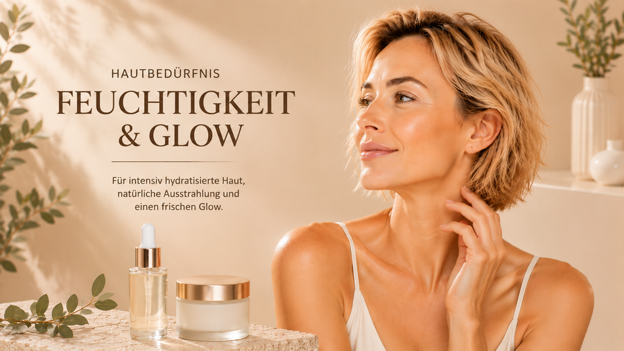 Hautbedürfnis Feuchtigkeit & Glow mit strahlender Haut, Serum und Gesichtscreme in hellem Beige-Ambiente. Symbolbild für intensive Hydration und natürliche Ausstrahlung.