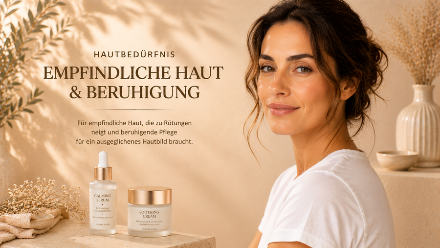 Empfindliche Haut und Beruhigung – Frau mit sensibler Haut, beruhigendem Serum und Pflegecreme für ein ausgeglichenes Hautbild.