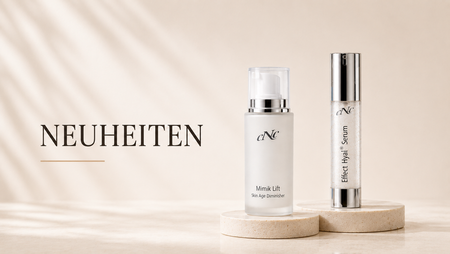 Neuheiten von CNC Cosmetic mit Mimik Lift Skin Age Diminisher und Effect Hyal Serum in hochwertiger Produktdarstellung.
