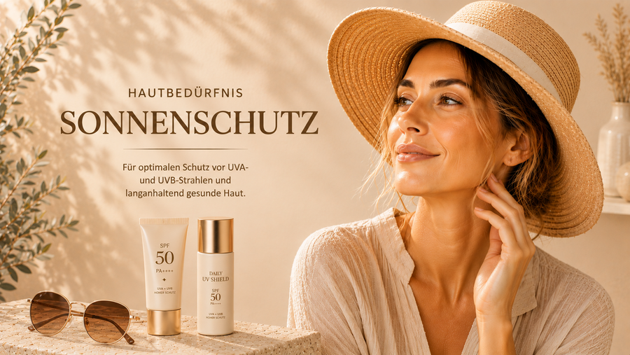 Hautbedürfnis Sonnenschutz mit Frau im Sonnenhut, Sonnenbrille und SPF 50 Hautpflegeprodukten in hochwertigem Beige-Ambiente.
