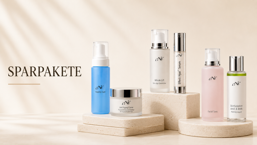 CNC Sparpakete mit aufeinander abgestimmten Hautpflegeprodukten wie Clearing Foam, Anti Aging Creme, Mimik Lift, Effect Hyal Serum, Facial Tonic und AHA & BHA Peeling Liquid.