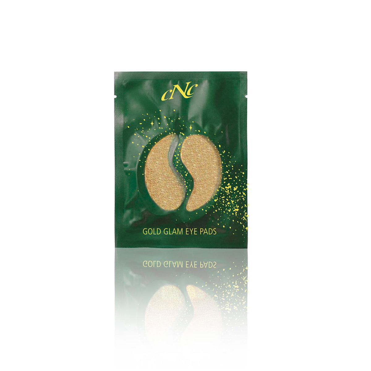 CNC GOLD GLAM EYE PADS zu Weihnachten 2026 in grün-goldenem Sachet mit zwei goldfarbenen Augenpads