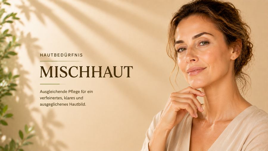Frau mit natürlicher Ausstrahlung und ausgeglichenem Hautbild als Symbol für Mischhaut und ausgleichende Gesichtspflege.