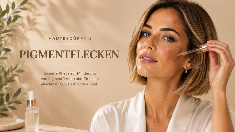 Hautbedürfnis Pigmentflecken mit blond-braunem Bob, sichtbaren Pigmentflecken und Serum-Pipette für einen gleichmäßigen und strahlenden Teint.
