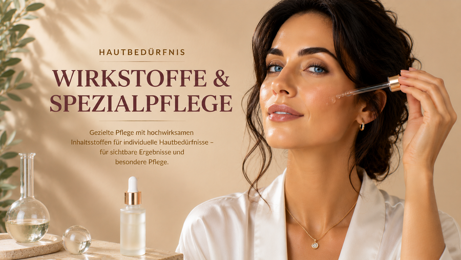 irkstoffe und Spezialpflege – Dunkelhaarige Frau mit leuchtend blauen Augen, Serum-Pipette und hochwertiger Wirkstoffpflege für individuelle Hautbedürfnisse.